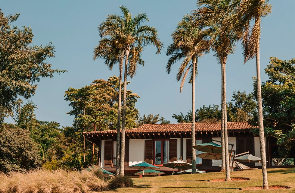 área externa do Clara Ibiúna Resorts com guarda-sol e coqueiros e muita natureza ao redor