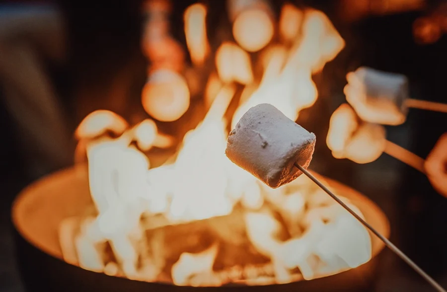 fogueira e marshmallow no palito